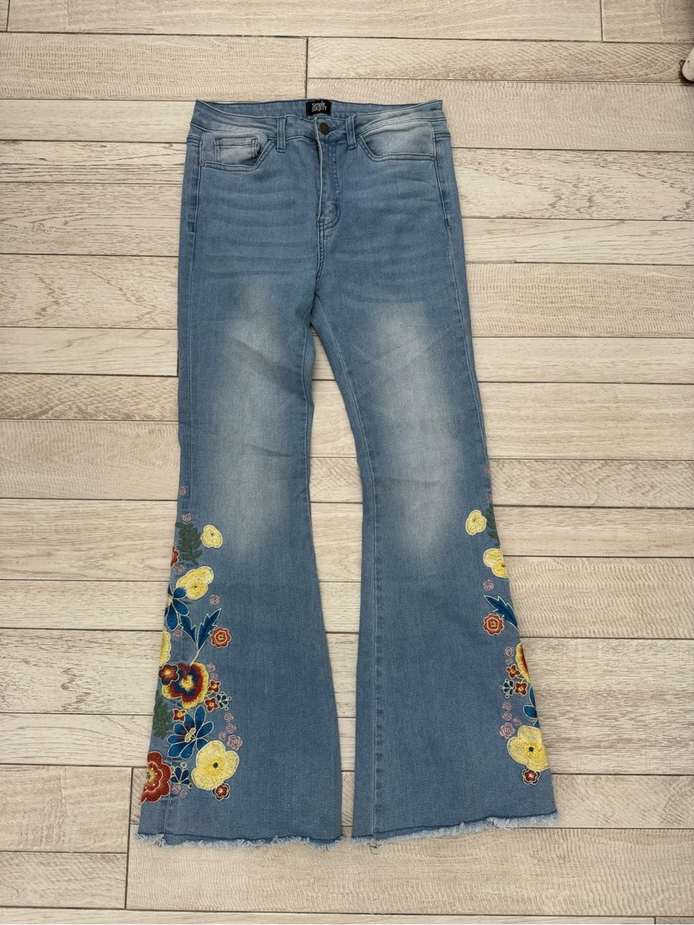 Light Wash Flare Jeans with Floral Embroidery